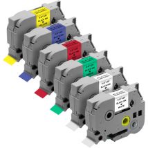 Phonillico - Lot de 6 Rubans Blanc/Bleu/Jaune/Rouge/Vert compatible Brother P-touch - Etiquette 12mm x 8m