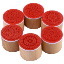 Feiyue - Lot de 6 tampons ronds en bois de style vintage en caoutchouc de forme ronde avec différents motifs floraux