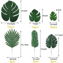 Lot de 60 feuilles artificielles de palmier tropical, feuilles de monstera avec tiges pour décorations de safari ou de fête tropicale