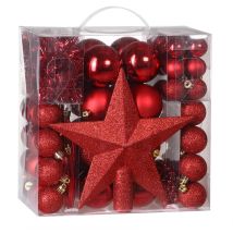 Lot de 77 boules de Noël Décorations pour sapin en plastique robuste Décoration de Noël intérieur extérieur Rouge