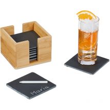 Lot de 8 dessous de verre en ardoise, avec boîte en bambou, support boissons, 10 x 10 cm, anthracite - Relaxdays