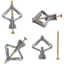 Lot de 80 chevilles papillon pour plaques de plâtre avec vis, chevilles à expansion papillon avec jeu de vis, chevilles auto-perceuses pour cloison
