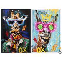 Drimmer - Lot de deux tableaux girafe/ chevale toile noir led 63x4x93cm