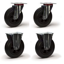 Lot de 4 roulettes pivotantes et fixes caoutchouc noir 160 mm - 405 Kg