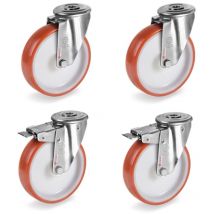 Lot de 4 roulettes à Oeil INOX pivotantes et pivotantes à frein polyuréthane rouge 80 mm - 360Kg