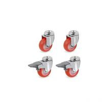 Lot de 4 roulettes à oeil pivotantes et pivotantes à frein polyuréthane rouge 50 mm - 165Kg