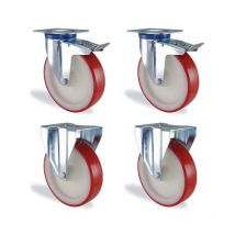Lot roulettes fixes et pivotantes à frein polyuréthane rouge diamètre 150mm charge 1200kg