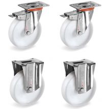 Lot de 4 roulettes INOX pivotantes à frein et fixes plastique blanc 80 mm - 450 Kg