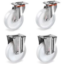 Lot de 4 roulettes INOX pivotantes et fixes plastique blanc 125 mm - 900 Kg