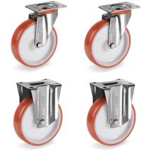 Lot de 4 roulettes INOX pivotantes et fixes polyuréthane rouge 100 mm - 510Kg