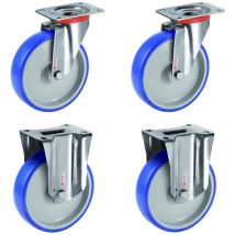 Lot de 4 roulettes INOX pivotantes et fixes polyuréthane BLEU-SOFT 125 mm - 540 Kg