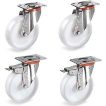 Lot de 4 roulettes INOX pivotantes et pivotantes à frein plastique blanc 80 mm - 450 Kg