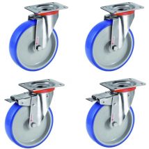 Lot de 4 roulettes INOX pivotantes et pivotantes à frein polyuréthane BLEU-SOFT 125 mm - 540 Kg