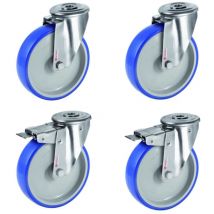 Lot de 4 roulettes à oeil INOX pivotantes et pivotantes à frein polyuréthane BLEU-SOFT 100 mm - 360 Kg