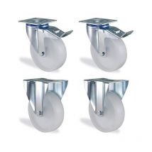 Lot roulettes pivotantes à frein et fixe polypropylène blanc diamètre 200mm charge 840kg