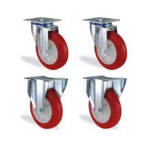 Lot roulettes pivotantes et fixe polyuréthane rouge diamètre 125mm charge 540kg