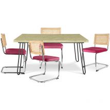 Pack Table à manger design industriel 120cm & 4 chaises à manger en rotin - tapisserie en velours - Martha Fuchsia