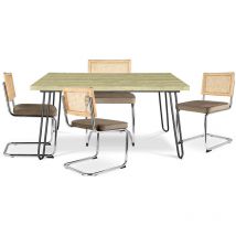 Pack Table à manger design industriel 120cm & 4 chaises à manger en rotin - tapisserie en velours - Martha Beige