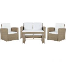 Lounge 4er Set Hellbraun Rattan Stahlgestell mit Sitzkissen cremeweiße Bezüge Zubehör für Garten / Terrasse Dekorativ Elegant Modernes Design