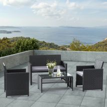 Lounge-Set Glas Schwarz 2-Sitzer Sofa + 2 Sessel + Tisch – Stahl mit Rattanimitat – 85 x 43 x 39 cm – 2 Jahre Garantie