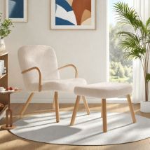Loungesessel mit Hocker, Lammwolle, Lazy Chair, Fernsehsessel, Armlehnenstuhl, Holzhandläufe, stilvolles Design, Beige