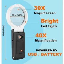 10moons - Loupe 30X 40X avec lumière et support, loupe éclairée par led, loupe de lecture pliante avec lecture pour personnes âgées, pièces de