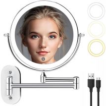 Loupe murale LED rechargeable, miroir de maquillage mural de 8 pouces avec 3 lumières colorées et grossissement 1x 10x, miroir d'éclairage de rasage