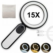 Lucky-88 - Loupe Rechargeable 15X, Loupe de Lecture, Loupe Eclairante avec 21 led en 3 Modes, Loupe Grossissante à Main, Loupe Lumineuse Chargée par