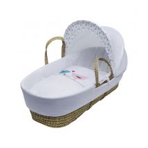 Love Birds Palm Moses Basket with Quilt, Padded Liner, Body Surround and Adjustable Hood - White