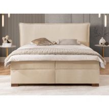 Lovetti - Boxspringbett 160x200 mit Topper und Bettkästen aus Beige Strukturstoff-Cordoptik, Massivholz Füße