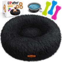 Hundebett Hundekissen Katzenbett Bagel Waschbar Inkl. Napf + 3x Kauknochen Hundesofa flauschig Kissen Rund aus Plüsch für Kleine Schwarz / l (60 x 60