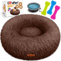 Hundebett Hundekissen Katzenbett Bagel Waschbar Inkl. Napf + 3x Kauknochen Hundesofa flauschig Kissen Rund aus Plüsch für Kleine Braun / 3XL (100 x
