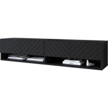 Muebles Slavic - Meuble tv Lowboard a 140 cm, meuble tv avec éclairage led, deux étagères, coloris chevrons noir mat