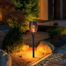 Luce solare effetto fuoco Lampada da esterno per sentiero Torcia solare Effetto fiamma Lampada da giardino Torcia nera Picchetto da terra, Plastica,