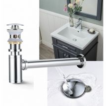 Bonde + Siphon de Lavabo Push et Pop Up avec Trop-Plein Set de Siphon Mural en Laiton Chromé Ensemble de Vidange Universel Accessoire de Salle de
