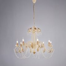 Lustre en fer décapé ivoire et damas strass doré huit lumières 90x h70 cm