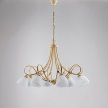 Bonetti Illumina - Lustre fer décapé ivoire huit lumières blanc abat-jour verre albâtre 81x h55 cm
