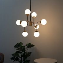 Kosilum - Lustre Industriel Doré à 8 Bras - Verre Blanc Laiteux Zenith