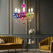 Lustre moderne suspension lampe de chambre 5 flammes, cristaux colorés, métal acrylique, 5x E14, DxH 44 x 128 cm