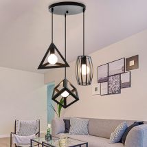 Rétro Lustre Suspension Industrielle E27 3 Lampes Plafonnier Luminaire Noir