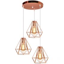 Wottes - Lustre Suspension Industriel Vintage Lumières Suspension Forme Diamant 3 Lampes pour Chambre Salon Bar Rose Or