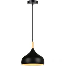 Lustre Suspension Moderne E27 Lampe Suspension Métal Bois Suspension Luminaire Ø24CM pour Chambre Cuisine Salon Noir - 1Pcs