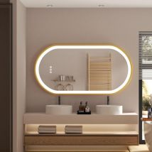 Luvodi - Espejo de Baño con Luz led Ovalado Dorado con Marco Metalico Espejo de Baño Luz Regulable Antivaho 120x60cm