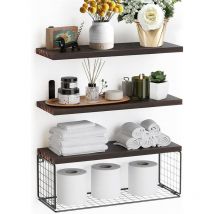 Aiducho - lycxames Schwebende Holzregale mit Metallkorb, Wandregal, Gewürzregal, Hängeregal für Badezimmer, Schlafzimmer, Wohnzimmer, Waschküche