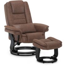M Mcombo Relaxsessel mit Liegefunktion, Lesesessel, 360° Drehbarer Fernsehsessel, mit Hocker, mit Kissen & Seitentasche, 9099 (Braun-Mikrofaser)