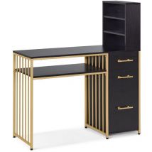 M Mcombo Schreibtisch mit 3 Schubladen, Nageltisch aus Holz Metallgestell, Manikürtisch, Schminktisch ohne Spiegel Modern, Computertisch mit Regal