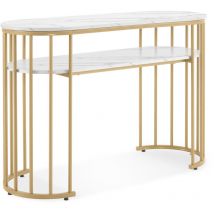 M Mcombo Schreibtisch ohne Schubladen, Schminktisch ohne Spiegel Marmor-Weiß Gold, Manikürtisch, Nageltisch aus Holz Metallgestell, Computertisch