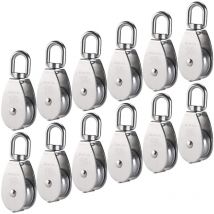 12Pcs M15 304 Stainless Steel Single Pulley, 15MM Single Pulleys Block Roller, Crane Swivel Hook Smooth Wire Rope Cable Load 77lbs/35Kg