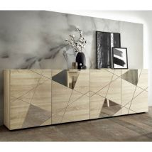 Credenza soggiorno Rovere Samoa, 4 ante con inserti specchio l. 241 cm - Lisbona