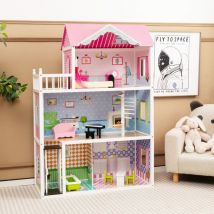 Maison de Poupée en Bois à 3 Etages avec 5 Pièces & Ascenseur & Escalier Rotatif Maison avec Autocollants & 10 Meubles pour Enfants de 3 Ans+ Rose